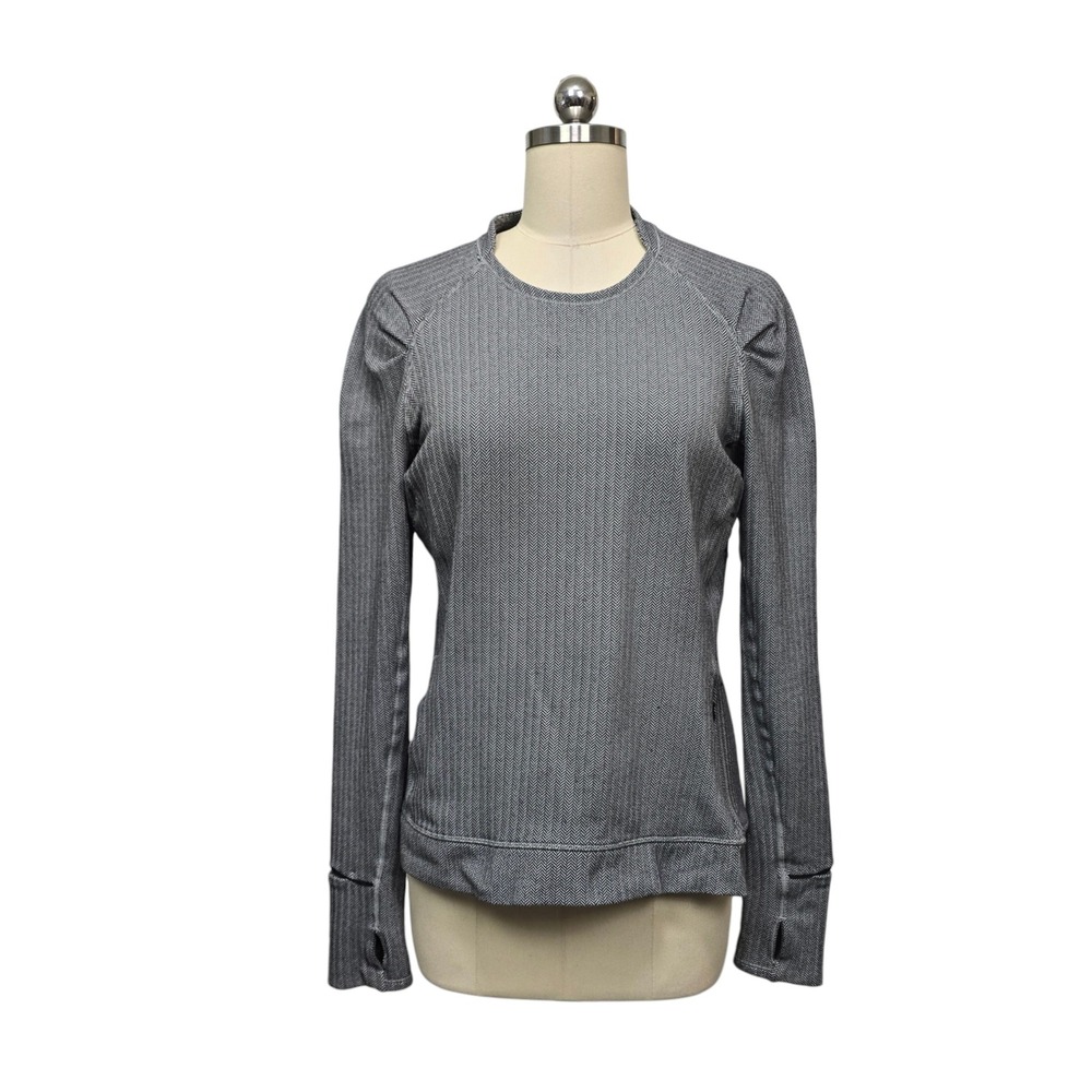 Lululemon Herringbone Long Sleeve Top Black White‎ Puffed Shoulder Size 8